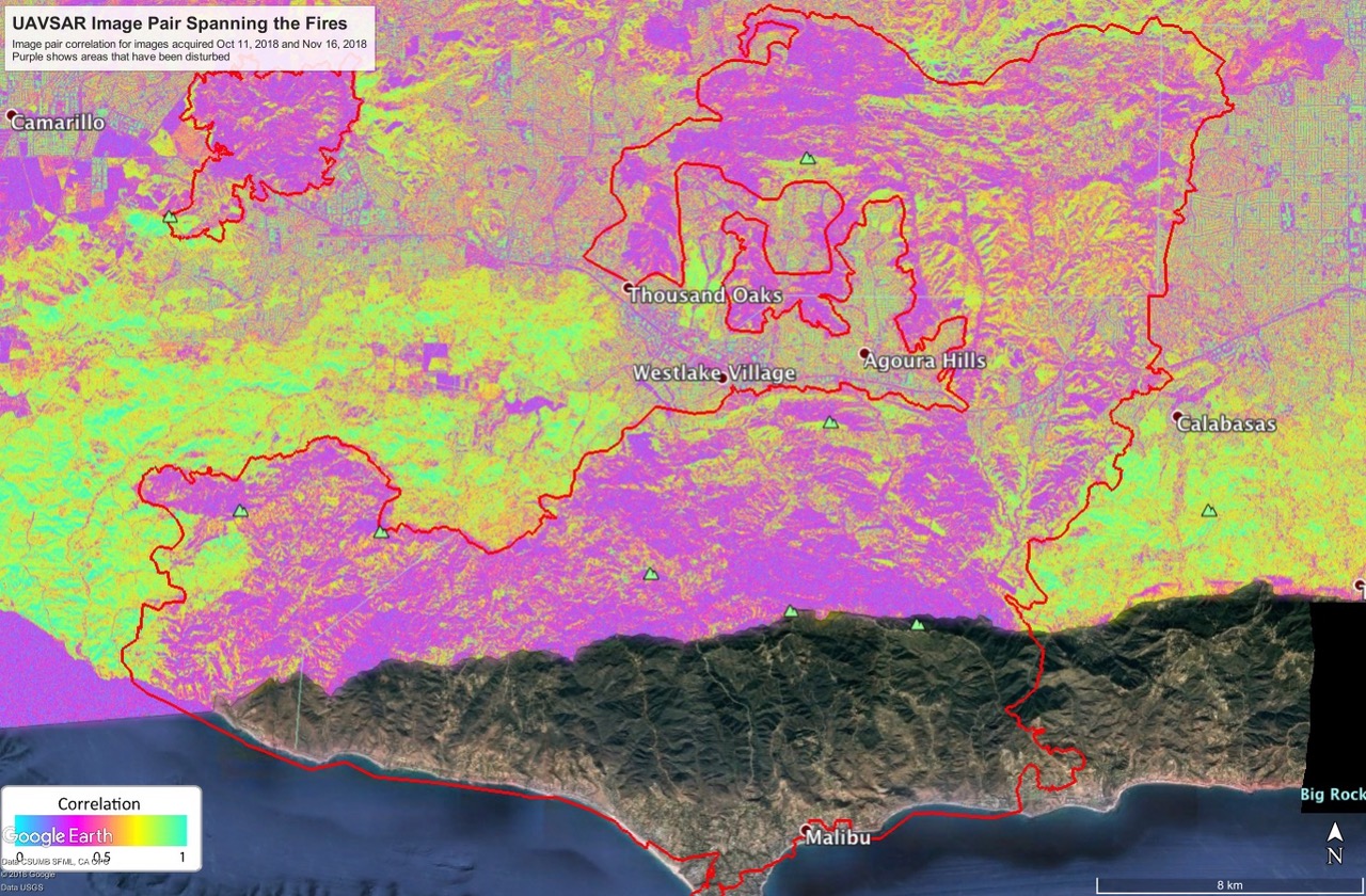 image of fire scar, including where vegetation has burned off in California