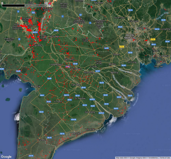 Project Mekong App uses MODIS Imagery to Show Inundation over land.