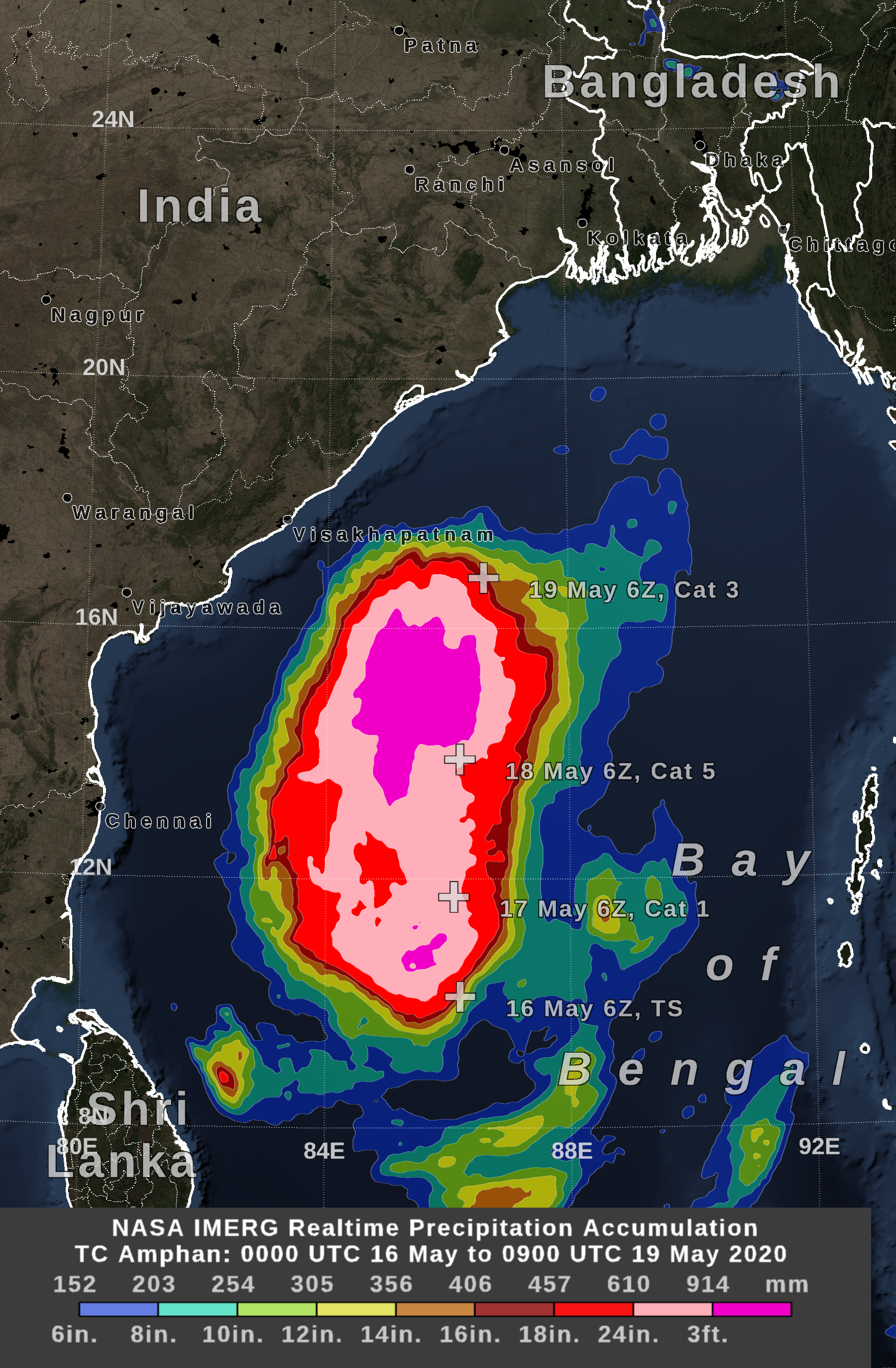 GPM IMERG Rainfall Totals from Cyclone Amphan