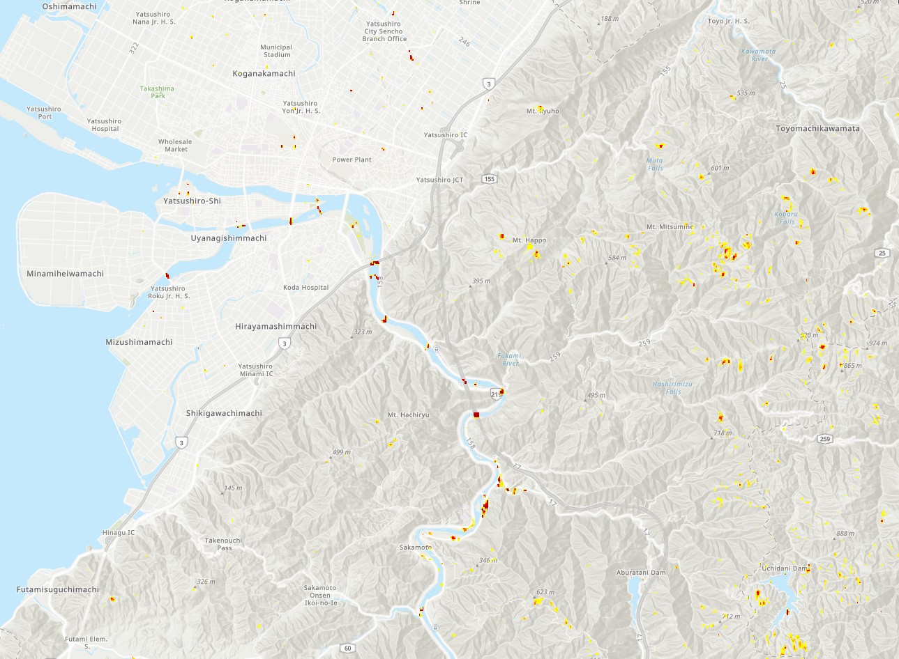 ARIA damage proxy map showing damage from July 2020 flooding in Japan