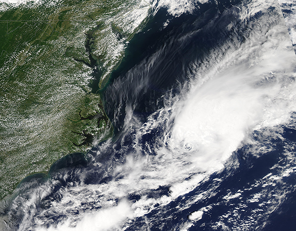 satellite image of tropical storm off U.S. coast