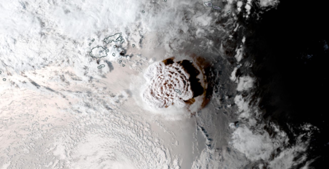 GOES West satellite image of the Jan. 15, 2022, Tonga eruption. 