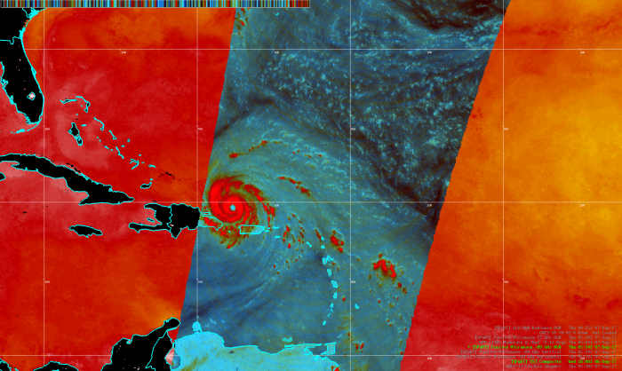 Image of over Cat-5 Hurricane Irma from approx 0548 UTC 7 Sep 2017.  Background imagery is SPoRT SSTs from approx 18 UTC 6 Sep 2017.