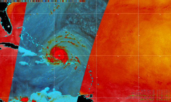 Image of over Cat-5 Hurricane Irma from approx 1112 UTC 7 Sep 2017.  Background image is SPoRT SSTs from approx 18 UTC 6 Sep 2017.