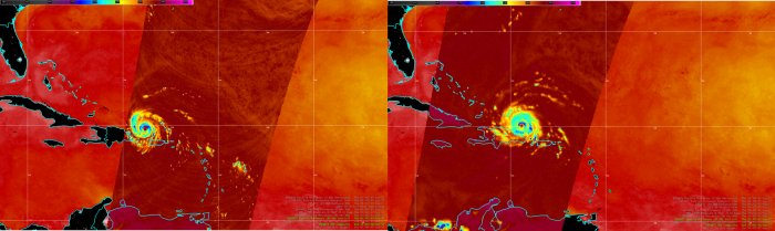 Vertical image over Cat-5 Hurricane Irma from approx 0548 UTC (left) and 1112 UTC (right) 7 Sep 2017.