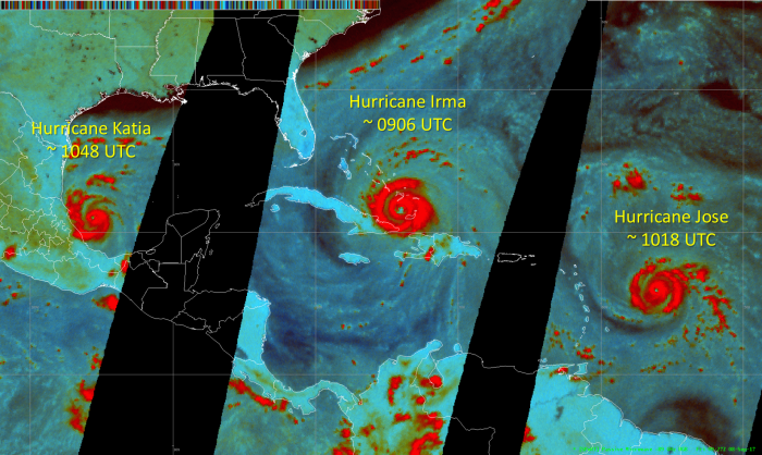 Image of the three hurricanes affecting the Atlantic Basin this morning.  Approximate times for passes over the respective hurricanes are noted in the image.