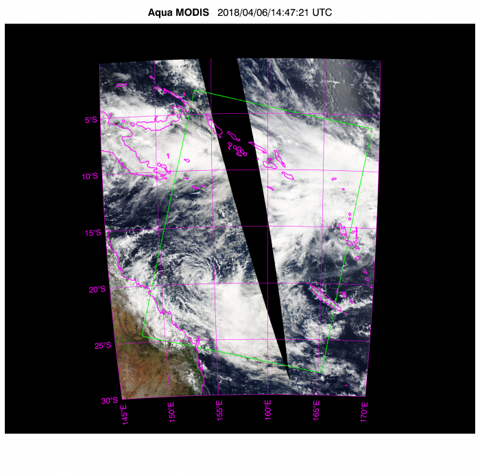 Image of Cloud cover map, based on contemporaneous MODIS-Aqua data.  The outline of the AIRS scene is superimposed in green. 