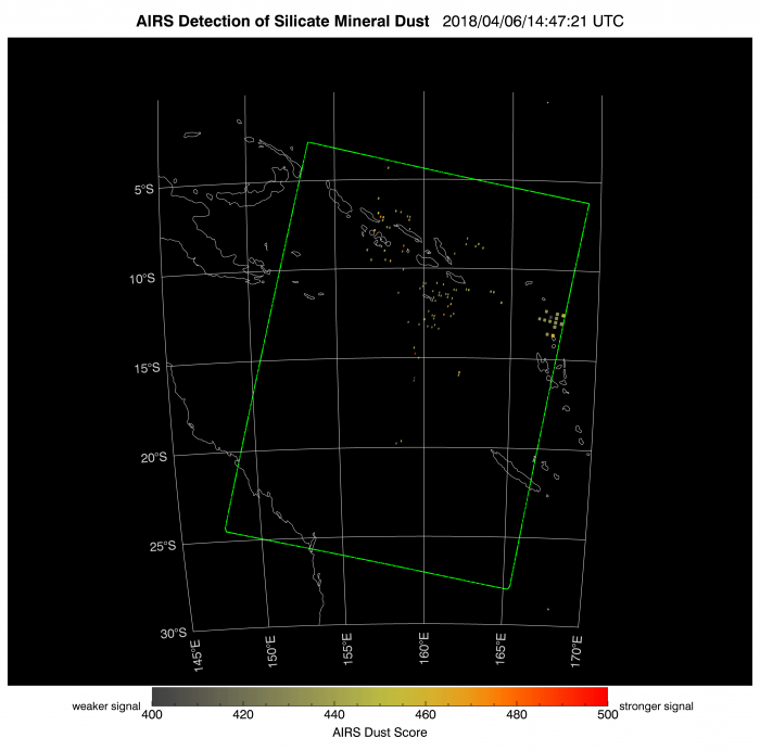 image of AIRS Dust Score-based detection of silicate ash. Larger dust scores suggest larger quantities of ash.