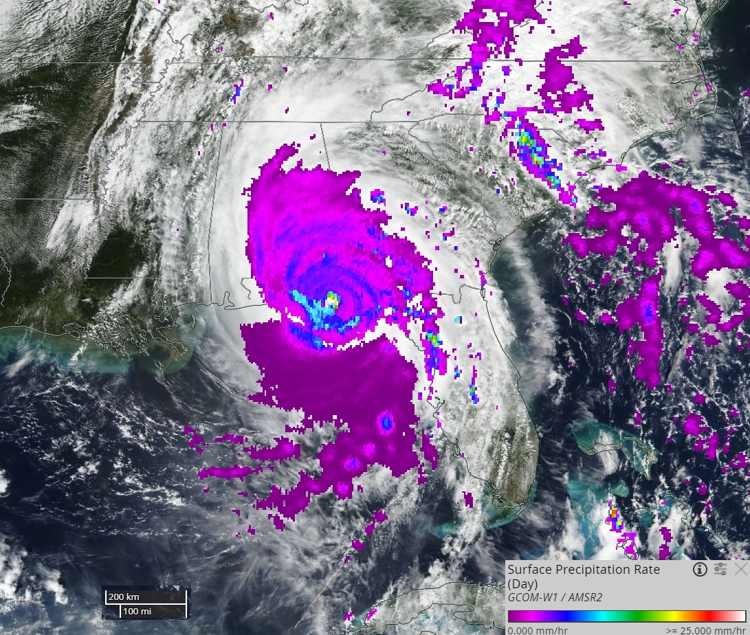 Image of high precipitation rates in red, yellow and light blue