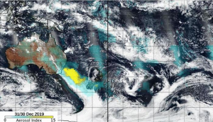 Satellite data from the OMPS-NM instrument is used to create an ultraviolet aerosol index to track the aerosols and smoke. Credits: NASA/Colin Seftor