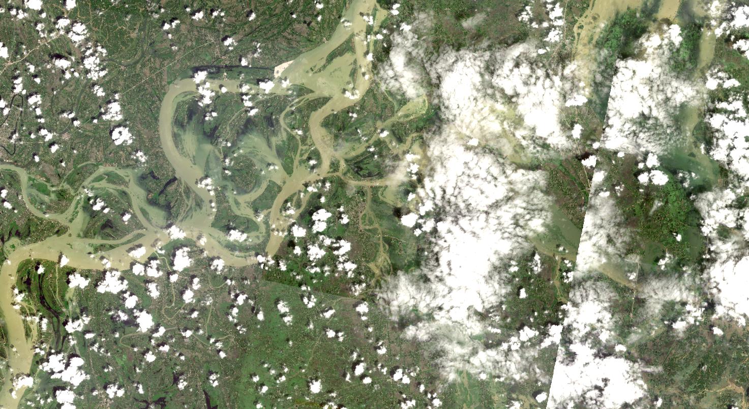 A satellite map showing flooding around the Meghna river in Bangladesh. 