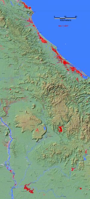 Image of NASA's MODIS and ESA Copernicus Sentinel-1 Data Used to Estimate Flood Extent.