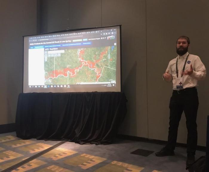 NASA Disasters Program GIS Administrator Jeremy Kirkendall speaks at the NASA Disasters Mapping Portal Overview session.