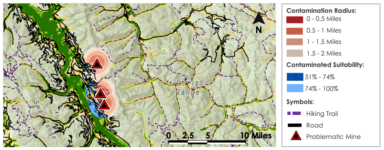 NASA DEVELOP’s 2021 otter and mink habitat suitability map. The map focuses on Flathead National Forest in Montana. Dark green represents a high percentage of suitable habitat and red represents a low percentage of suitable habitat.