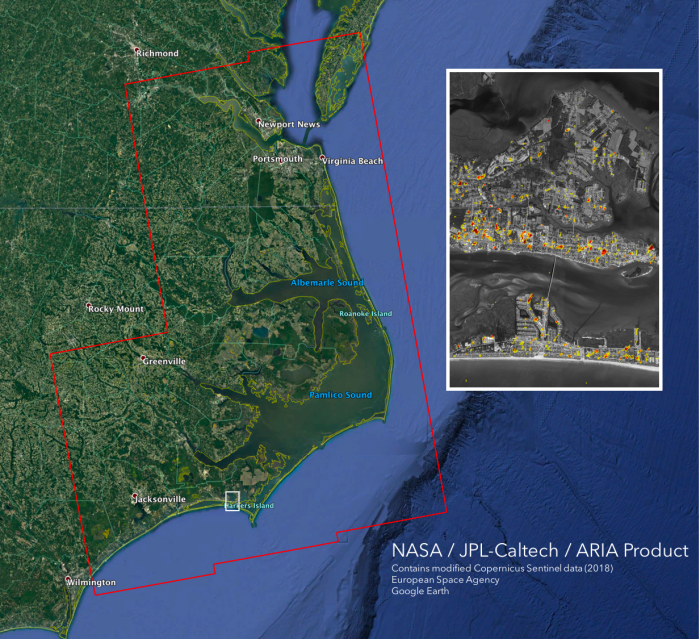 Image of ARIA damage proxy map over Hurricane Florence.