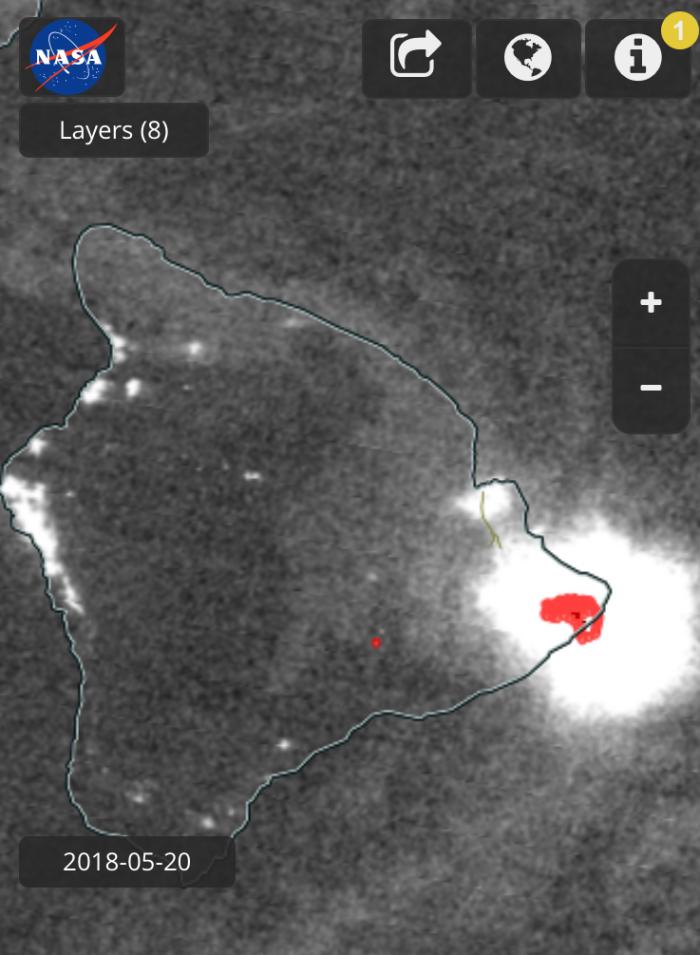 Image of VIIRS Day/Night Band and Thermal Anomalies from the Kilaeua Eruption