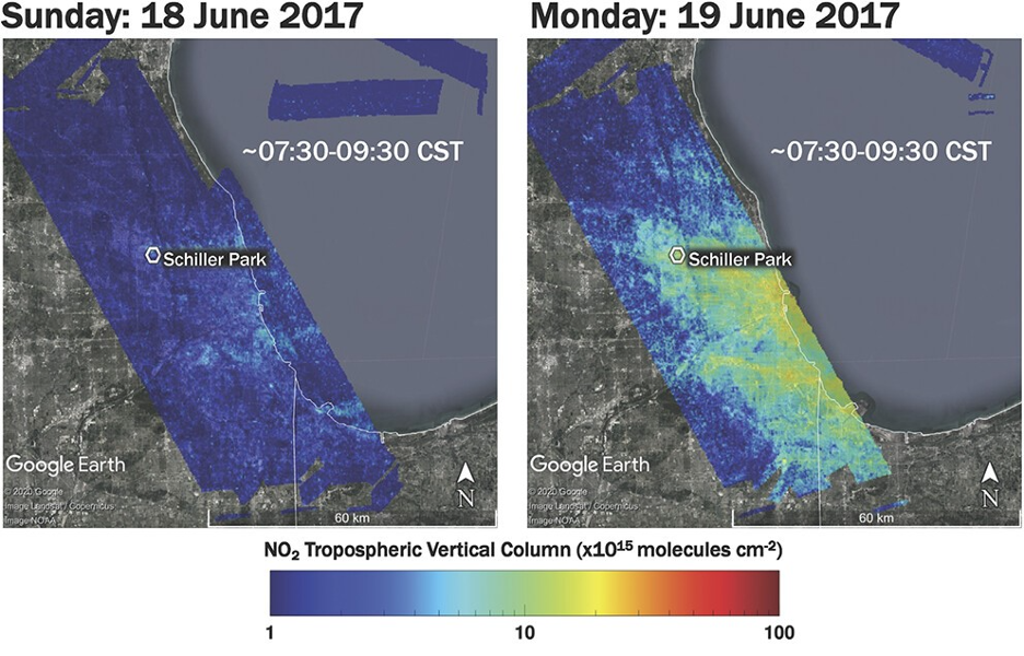 map showing nitrogen dioxide concentrations represented by blue and yellow colors