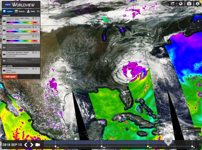 LANCE imagery of water vapor, precipitation, and wind speed in Hurricane Florence from 9/15/18 viewed in NASA Worldview.