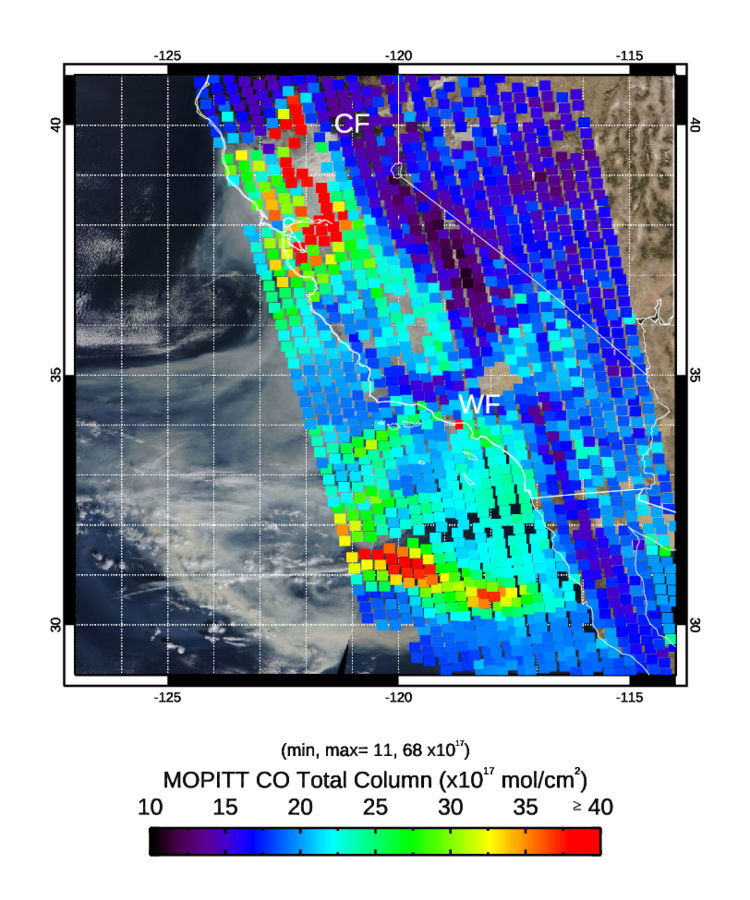 image of enhanced levels of carbon monoxide associated with the Camp and Woolsey wildfires 