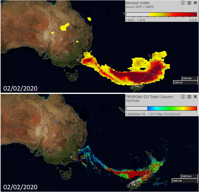 Data from the NASA / NOAA OMPS (above) and ESA /TROPOMI instruments (below) show aerosols and carbon monoxide from the Australia fires spreading across the Tasman Sea. Credit: NASA