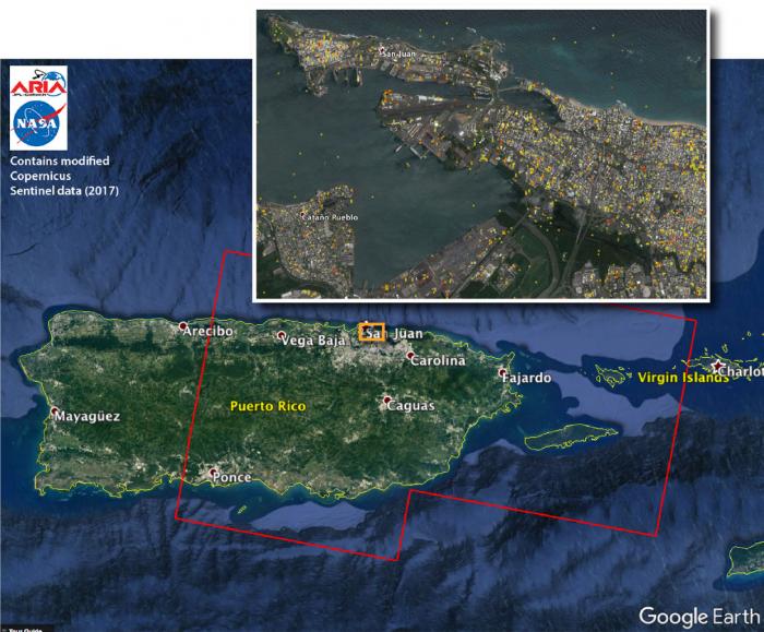 image of NASA's Jet Propulsion Laboratory in Pasadena, California, and Caltech, also in Pasadena, created this Damage Proxy Map (DPM) depicting areas of Eastern Puerto Rico that are likely damaged (shown by red and yellow pixels) as a result of Hurricane Maria (a Category 4 hurricane at landfall in Puerto Rico on Sept. 20, 2017)