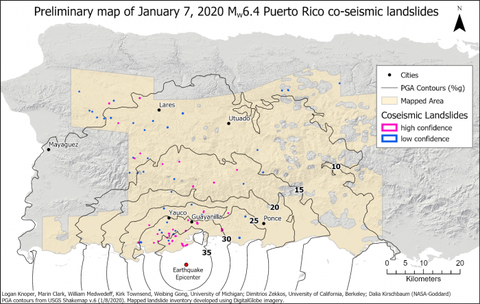 Preliminary map of co-landslides caused by the Mw6.4 earthquake. The image shows the location of 120 landslides with the USGS Peak Ground Acceleration Contours that shows the areas of greatest shaking (available here).