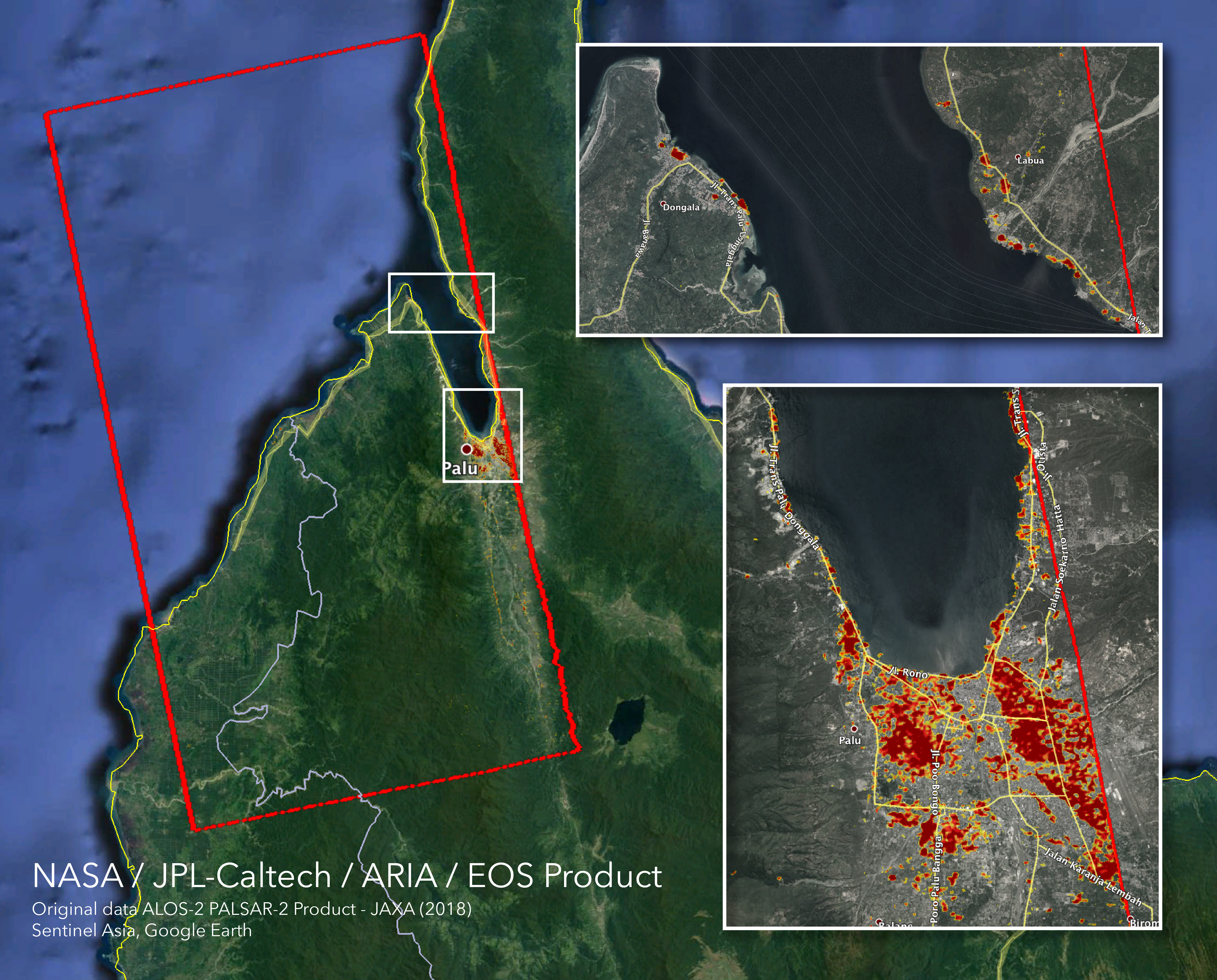 Image of Map of Palu Showing Damages Before and After Earthquake