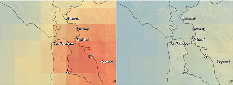 Side by side satellite imagery showing Nitrogen Dioxide levels over a map of San Francisco