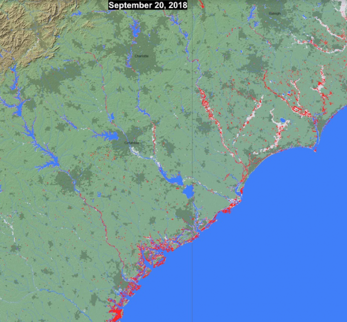 Image of observed flooding areas of Tropical Storm Florence using Landstat 8 and Copernicus.