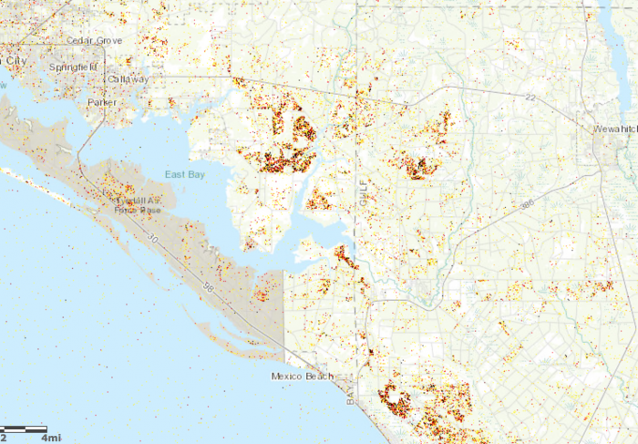 Proxy Map depicting areas of Florida and Georgia that are likely damaged