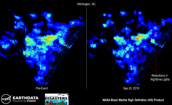 Image of Black Marble nighttime data over Hurricane Florence.