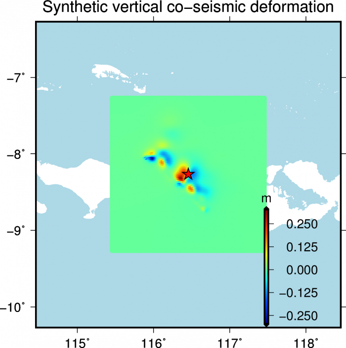 Visual of synthetic vertical and co-seismic deformation locations of predicted seafloor displacement