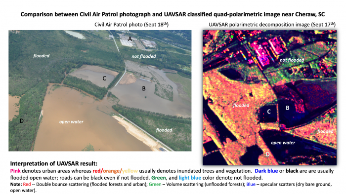 Side by side image comparison Civil Air Patrol photography and UAVSAR imagery.