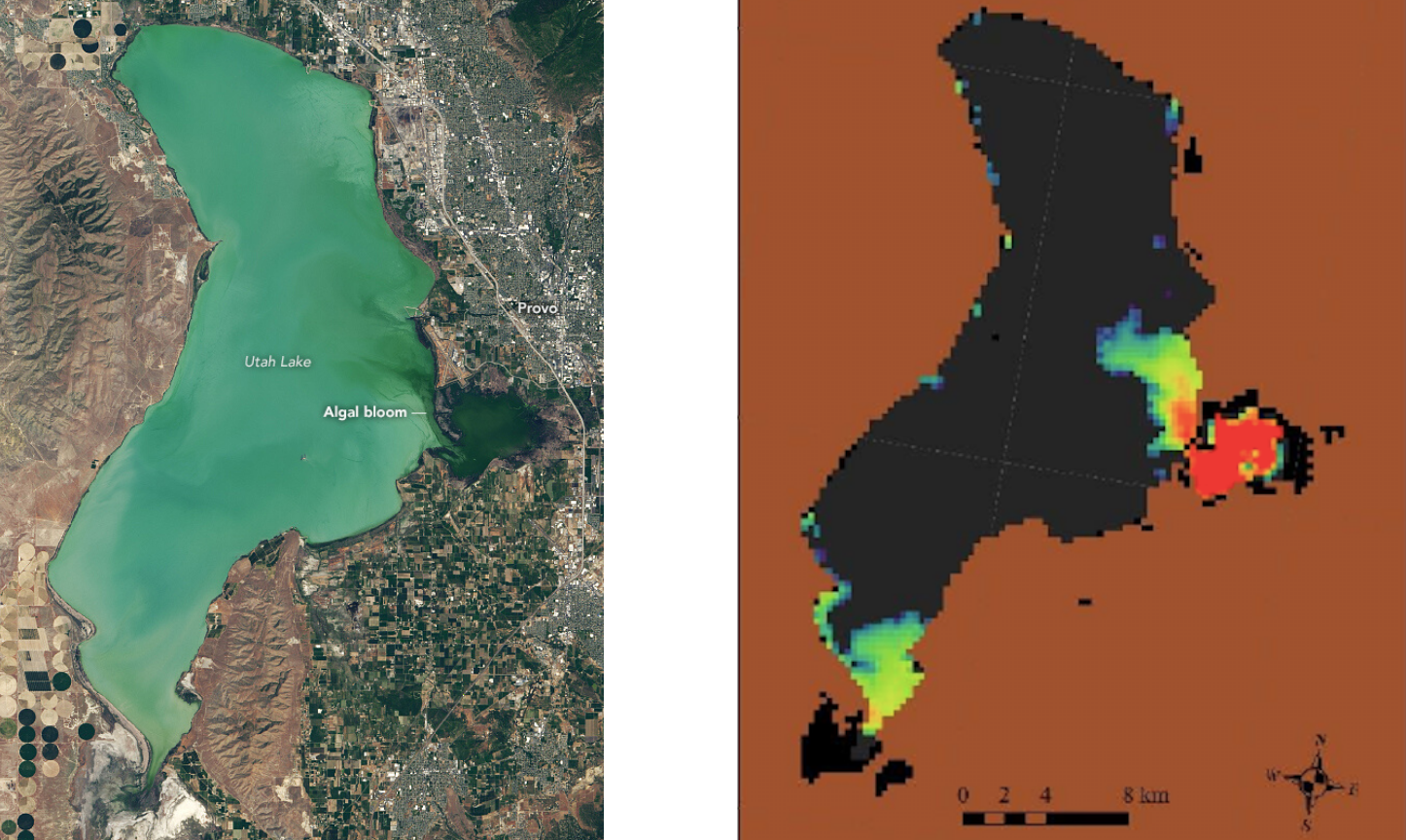 Satellite images of Utah Lake in June 2017 showing the algal bloom