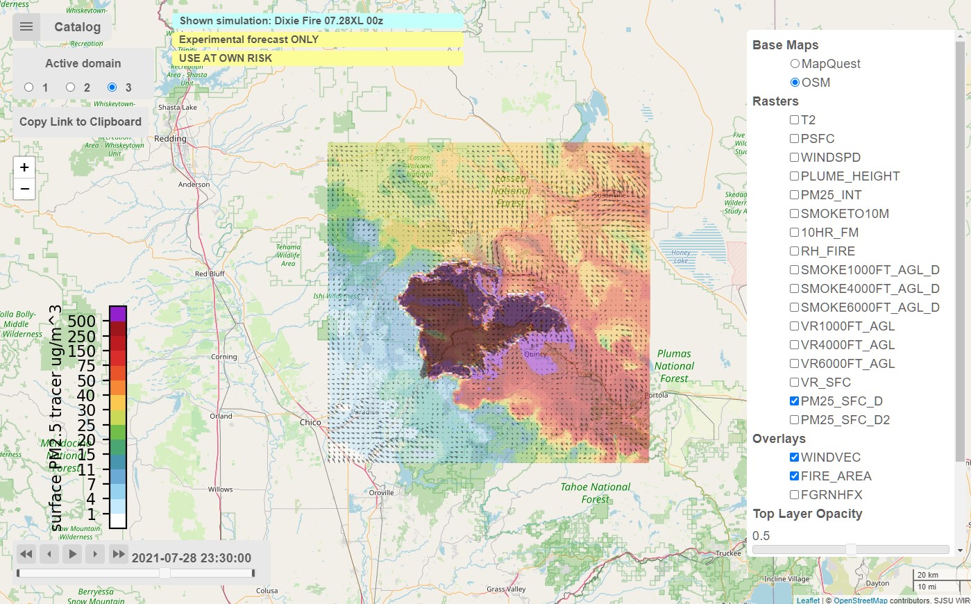 Experimental WRF-SFIRE product showing smoke forecasts from the Dixie fire on July 28, 2021. Increasing smoke concentration is shown in colors from ranging from white to purple, while the region where the fire is burning is shown in in the center as a darker contour. Credits: NASA, San Jose State University (SJSU), University of Colorado Denver (CU Denver) and Colorado State University (CSU)