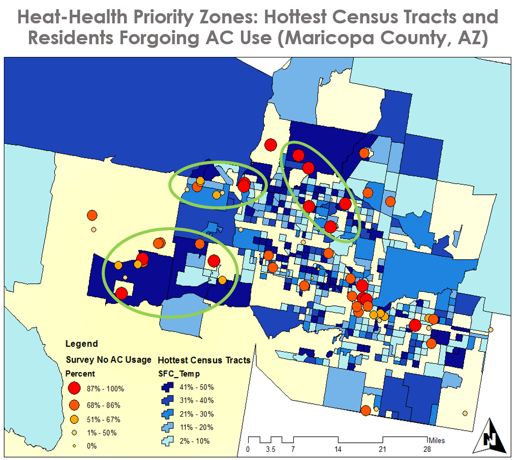 Map of the hottest tracts in Maricopa County and the locations with the highest rate of forgoing air condition due to cost.