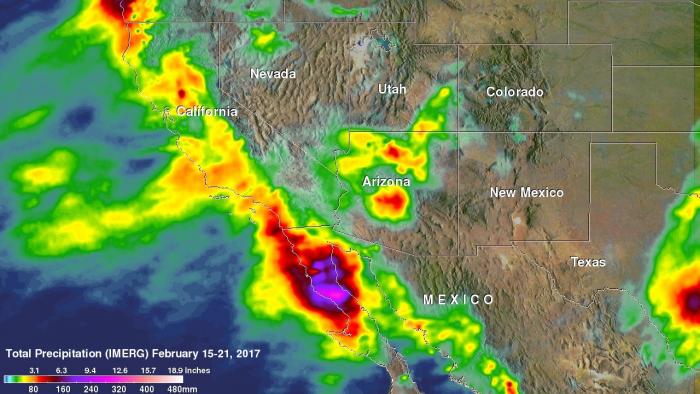 Image of IMERG rainfall estimates for the period from Feb. 15 at 00:30 UTC (Feb. 14 at 7:30 p.m. EST) to Feb. 23 at 23:00 UTC (6 p.m. EST).