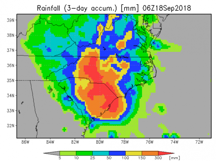 Imagery of GFMS flood inundation map during Hurricane Florence. 