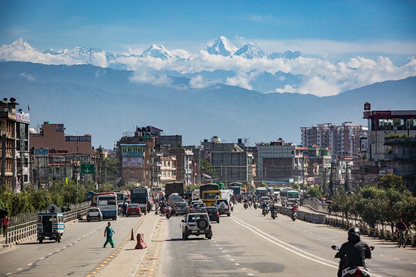 Mountains grace the Kathmandu skyline, a rarity for the city, which experiences fairly bad levels of air pollution year-round. 