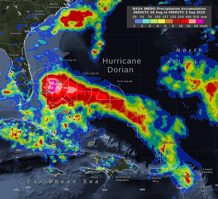 GPM IMERG rainfall accumulation for Hurricane Dorian from August 28th to September 3rd, 2019. Credit: Owen Kelley (NASA GSFC)