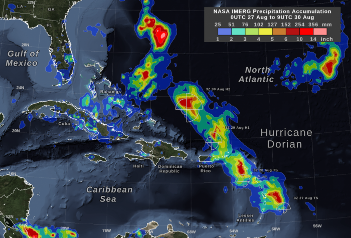 GPM IMERG rainfall accumulation for Hurricane Dorian from August 28th to September 3rd, 2019. Credit: Owen Kelley (NASA GSFC)