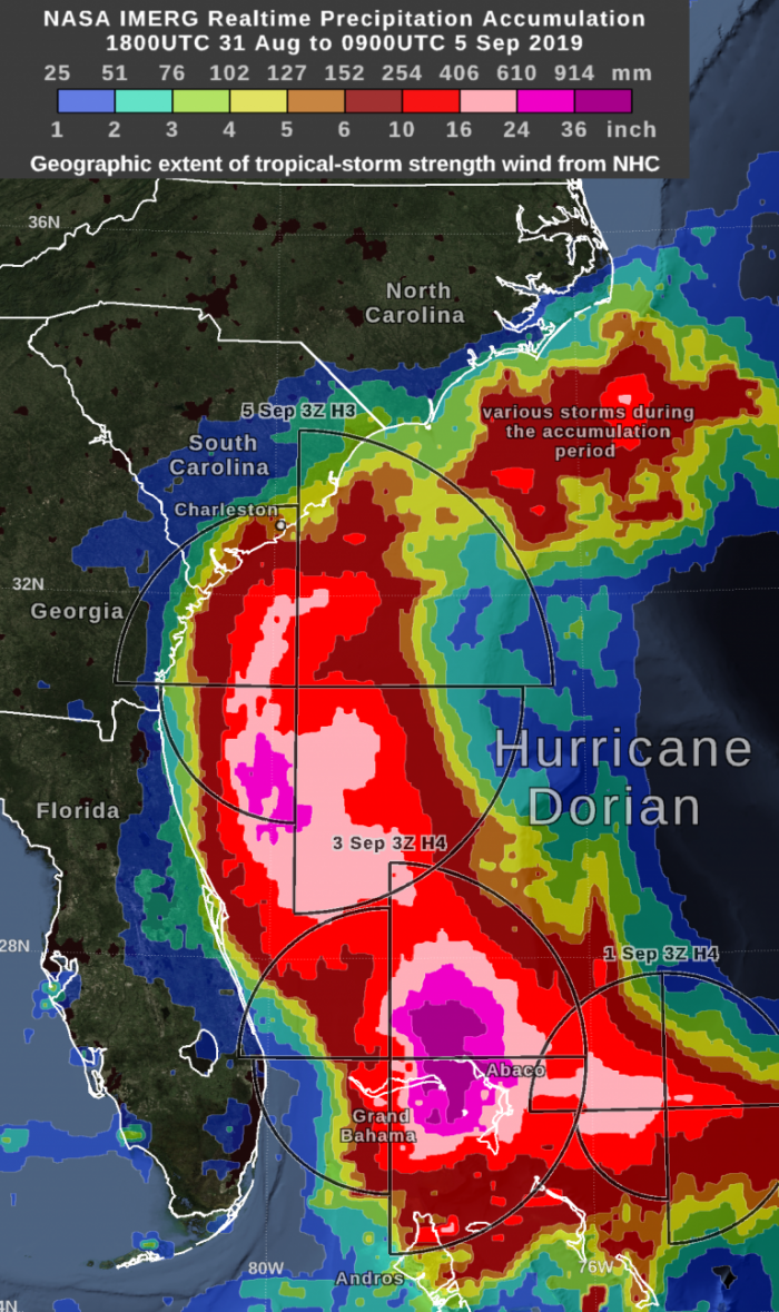 GPM IMERG estimated rainfall totals for Hurricane Dorian from August 31st - September 5th, 2019. Credit: Owen Kelley (NASA GSFC)