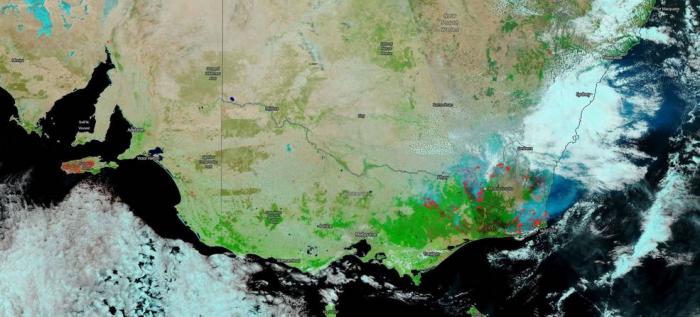 This image was taken on Jan. 13, 2020 by NOAA/NASA's Suomi NPP satellite. The image shows the fires in eastern Australia and using the VIIRS (Visible Infrared Imaging Radiometer Suite) several reflective bands have been introduced into the image to highli