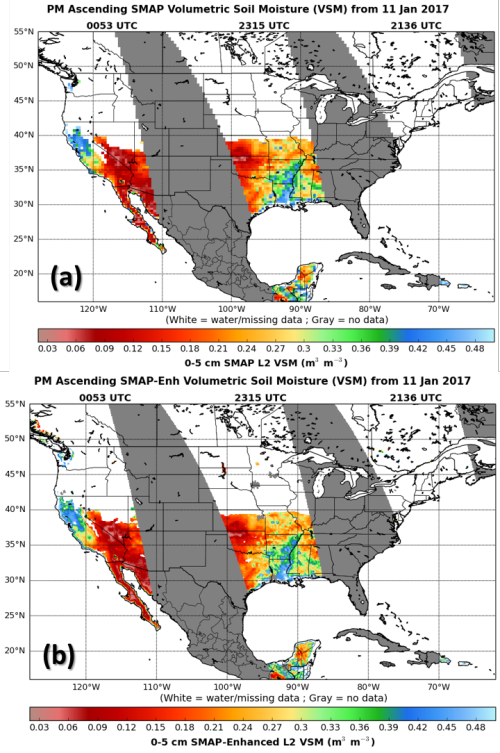 Map of soil moisture retrievals for the evening overpasses