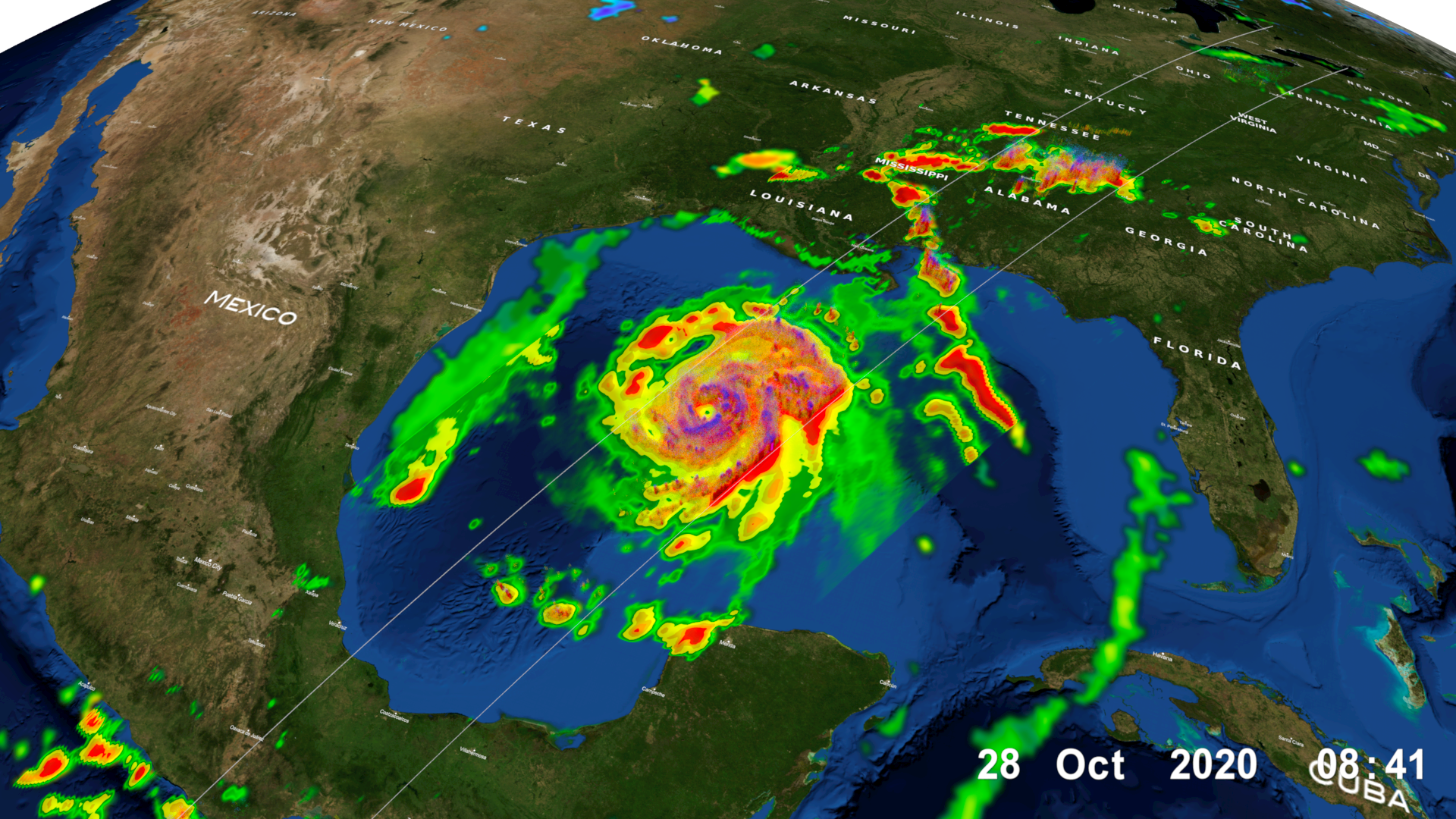 GPM Core Observatory overpass of Tropical Storm Zeta on October 28 at approximately 3:25am CDT (8:25 UTC), showing the structure and intensity of precipitation within the storm. Credit: NASA Goddard Scientific Visualization Studio