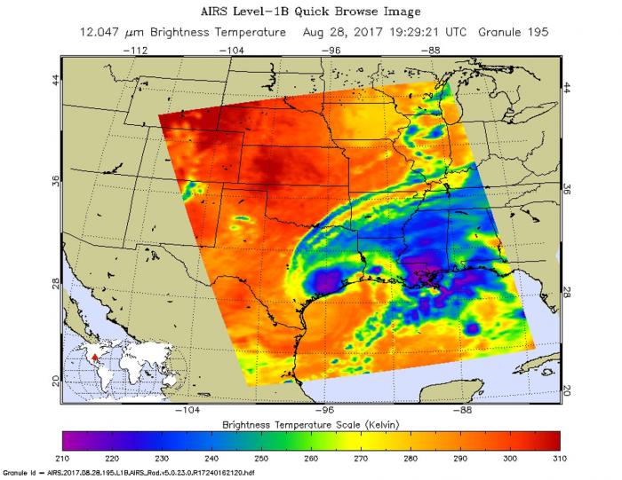 This false-colored infrared image acquired from the AIRS instrument aboard NASA's Aqua satellite at 2:29 p.m. CDT (19:29 UTC) on Aug. 28, shows a large area of coldest cloud top temperatures and strongest thunderstorms (dark blue and purple) centered along the southeastern Texas coast.