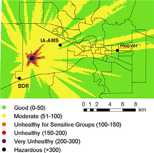 An example of the air quality index model forecast for the immediate area around the landfill fire. 