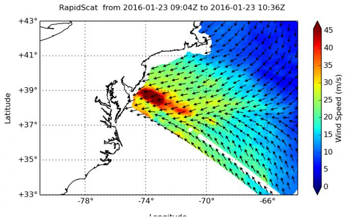 Image of RapidScat showed sustained winds as strong as 45 meters per second (100 mph/162 kph) along the coast of southern New Jersey, which included areas from Cape May to Atlantic City.