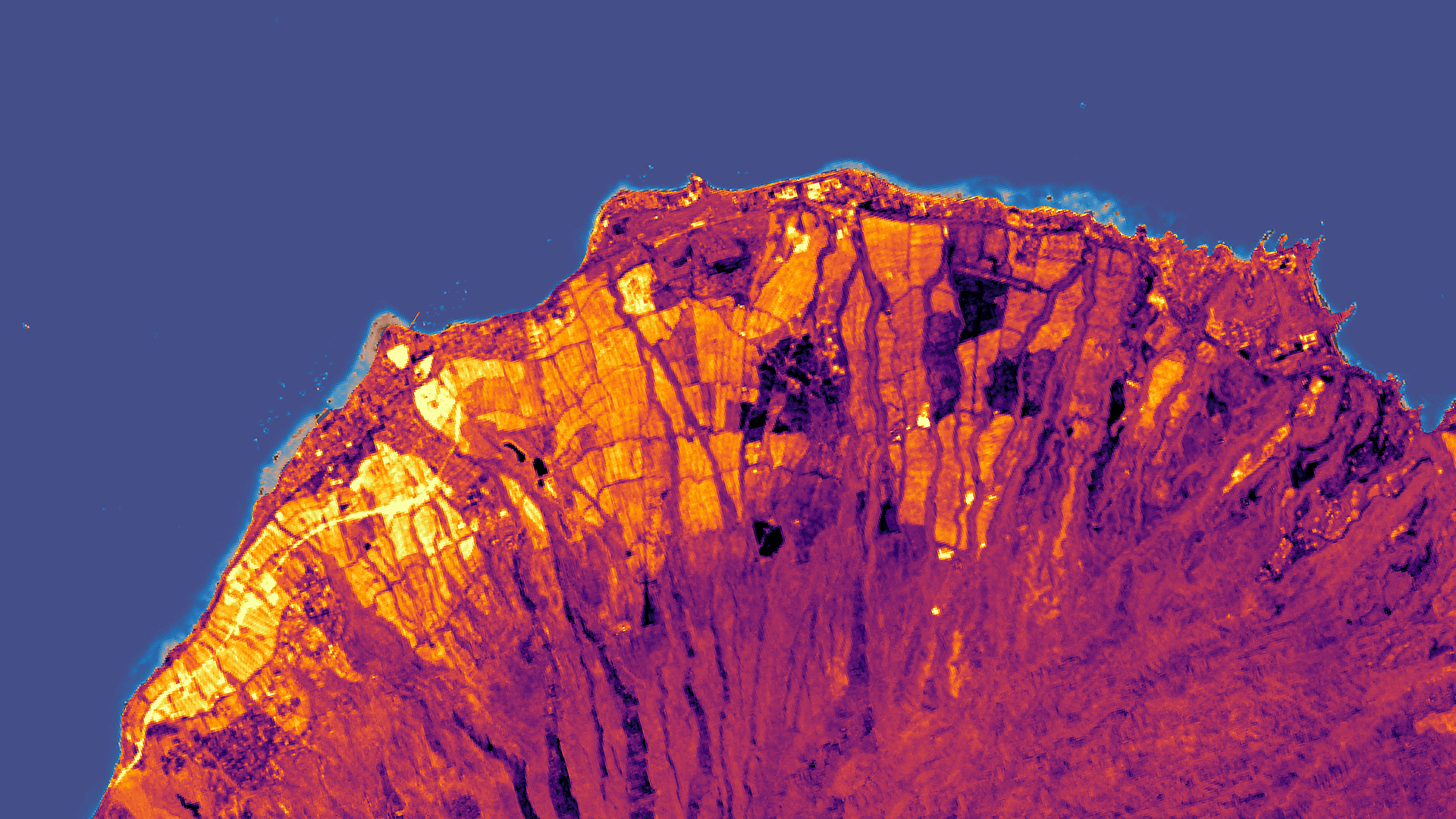 Terrestrial NDVI change map of West Maui, Hawai’i, using a Landsat 4/5 TM composite (1989, 1990, 1991) and Landsat 8 OLI composite (2017, 2018), joined with a false-color marine turbidity image from February 10th, 2014, Landsat 8 OLI data.  On land, light shades indicate NDVI decreases while darker shades show NDVI increases. In the water, brown denotes high turbidity. Better understanding the trends in land use and water quality will help partners develop watershed management plans.  Keywords: Landsat 4 and 5 TM, Landsat 8 OLI, NDVI, Turbidity, LULCC, Watershed