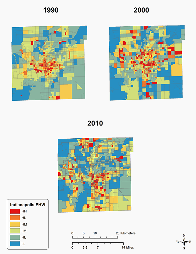 The EHVI for Indianapolis for 1990, 2000 and 2010. HH (red) represents highest risk; LL (blue) represents lowest risk.